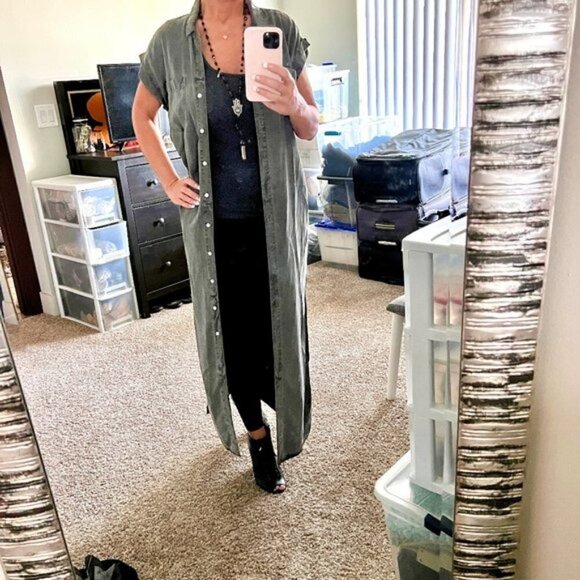 😍🛍 Sneak Peak Long Full Length Khaki Button Down Army Green Shirt Dress! Sz… - Picture 3 of 14